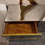 Mirror Stainless Steel Nightstand with Hammered Gold Accents & Burl Natural Wood Veneer